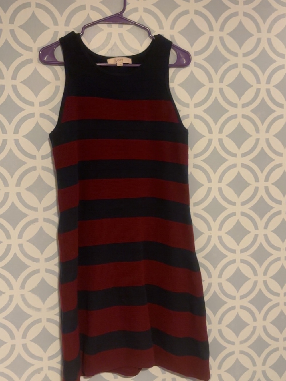 LOFT Burgundy and Navy Striped Knit Sleeveless Mini Dress